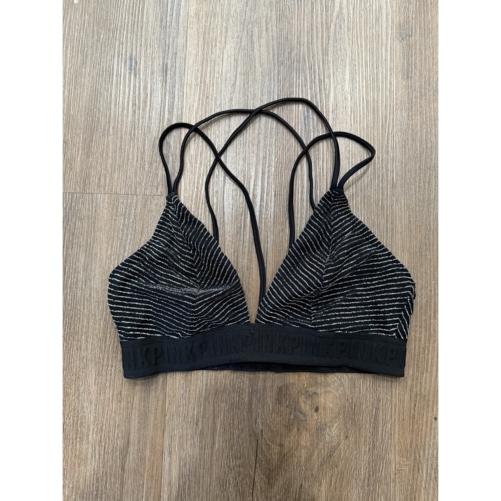 Victoria's Secret Bra Medium Black Unlined Wirefree Silver Stripe Logo